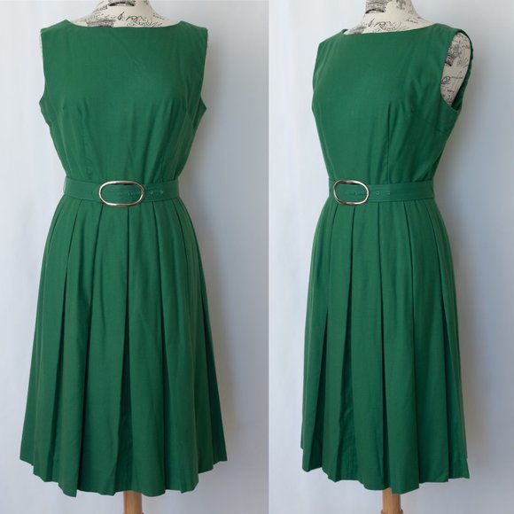 Vintage 1950s Forest Green Pleated Dress - Picture 1 of 9